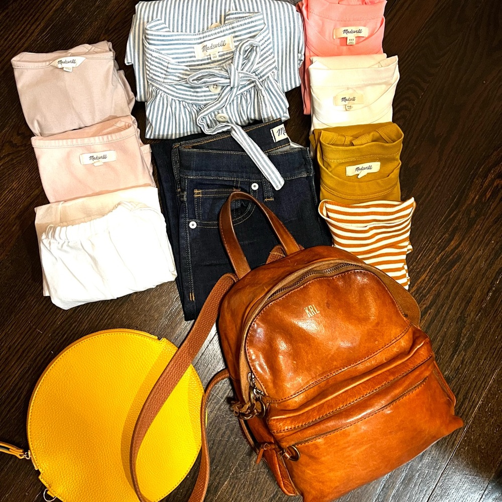MADEWELL BUNDLE Leather backpack bag jeans seersucker skirt leggings tan… - Picture 2 of 16